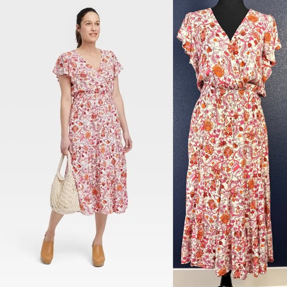 Knox Rose Dresses & Skirts - Knox Rose Flutter Short Sleeve Tiered A-Line Dress, Magenta & Orange Floral, XXL